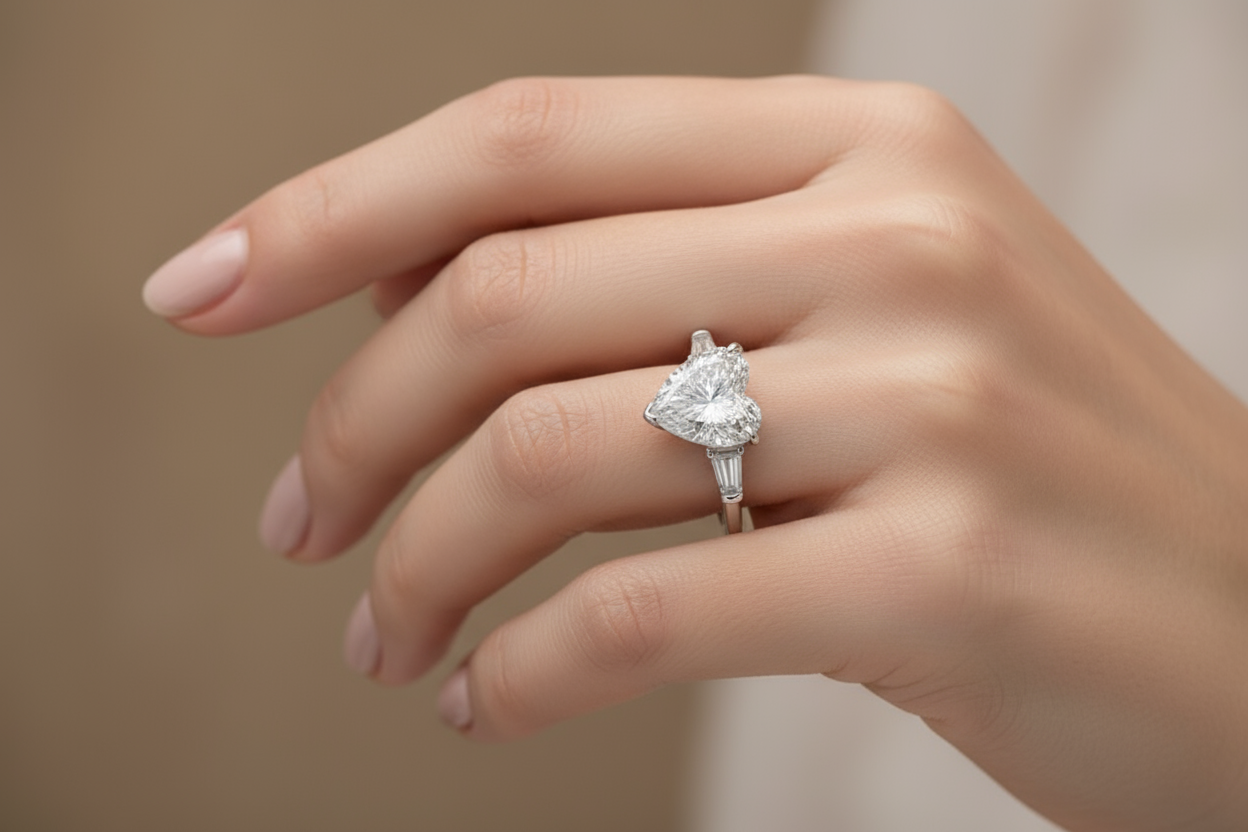 Platinum ring with 4 carat heart shape diamond and 1.00 tappered baguette sides
