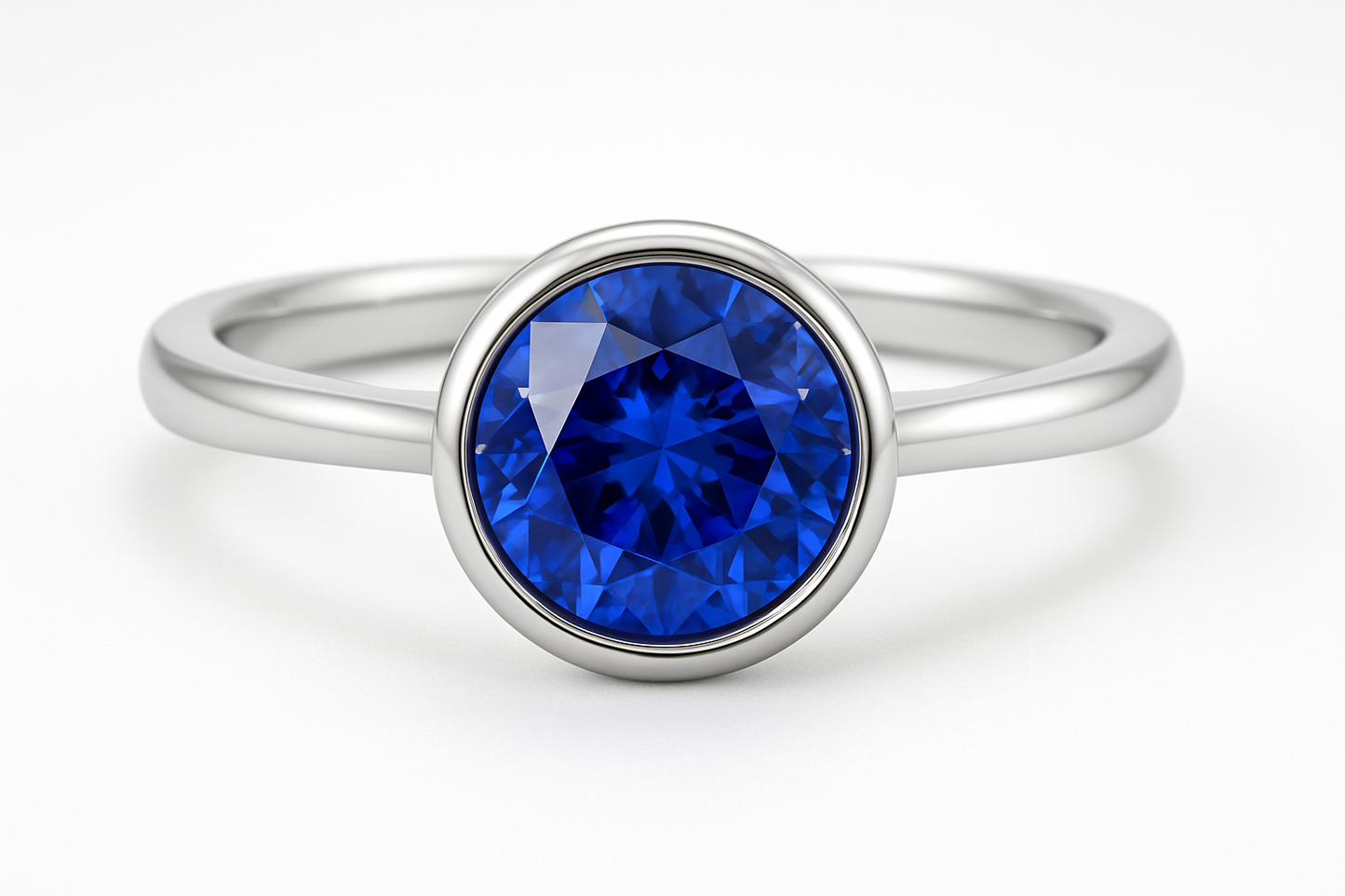Blue round sapphire in white gold bezel set simple ring