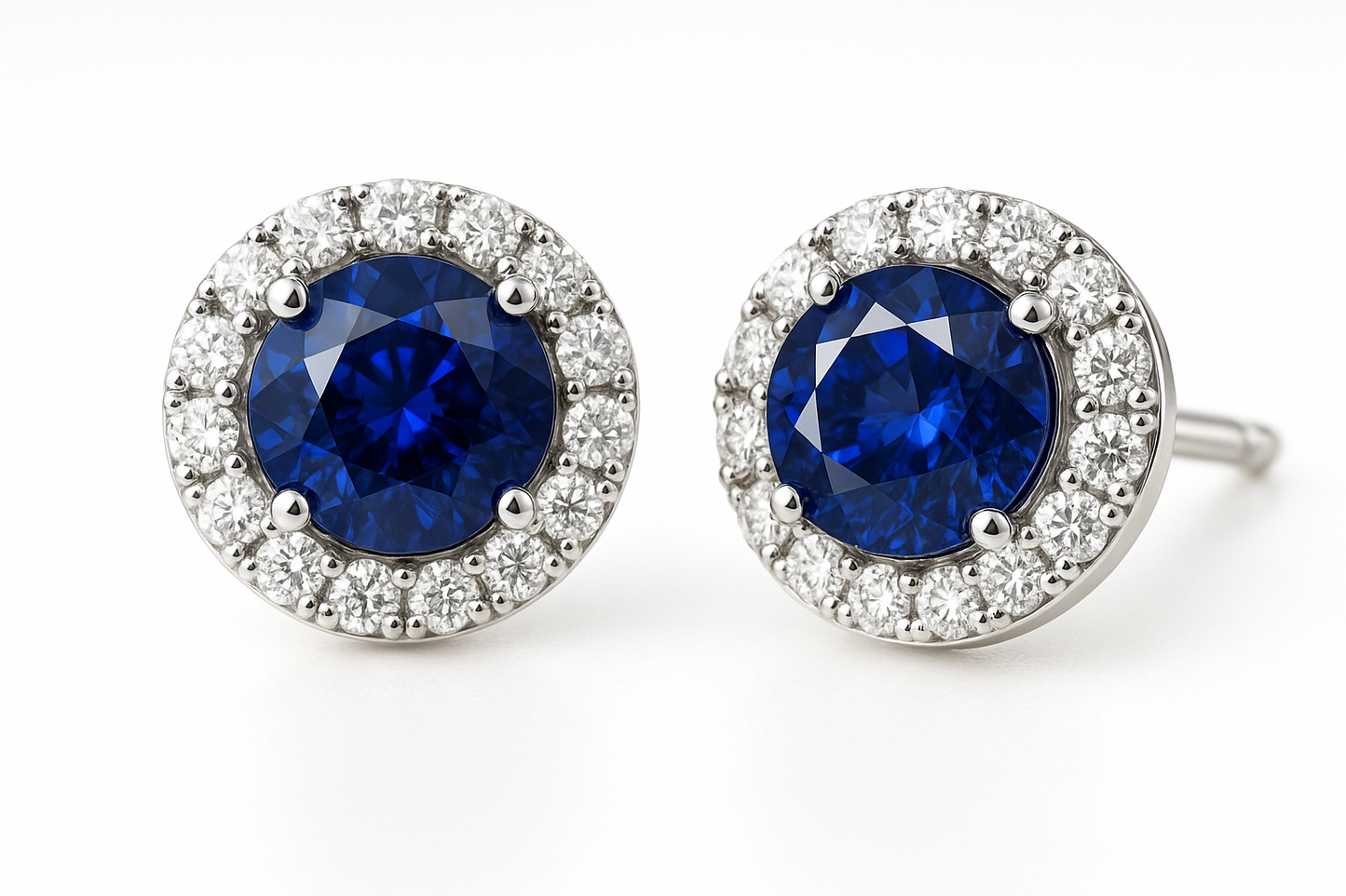 blue sapphire stud earrings in white gold halo diamond stud
