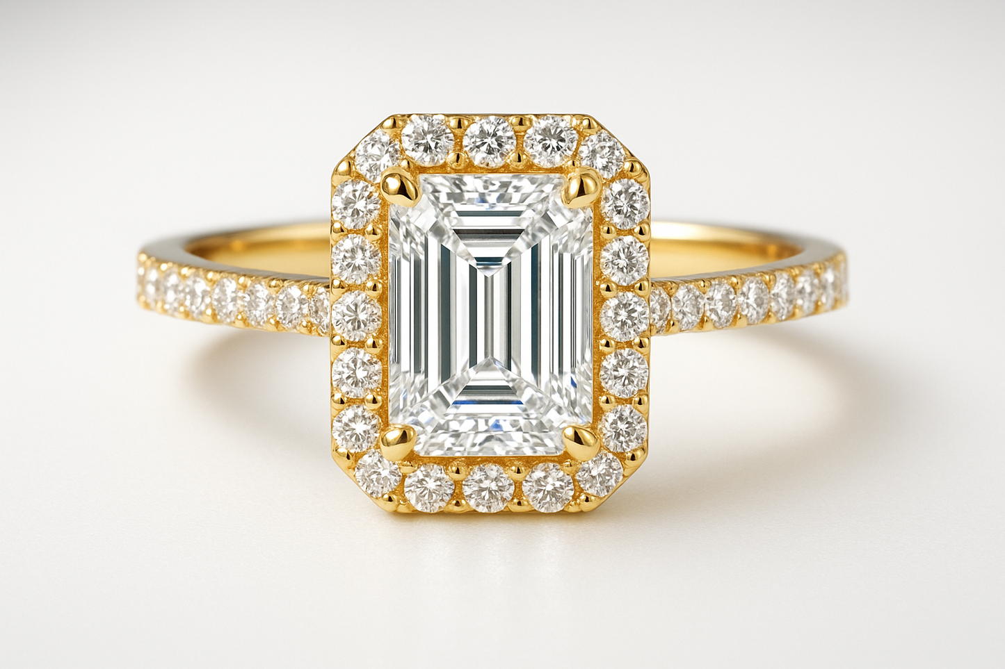 emerald cut center diamond in yellow gold with diamond halo and diamonds on the band engagment ring