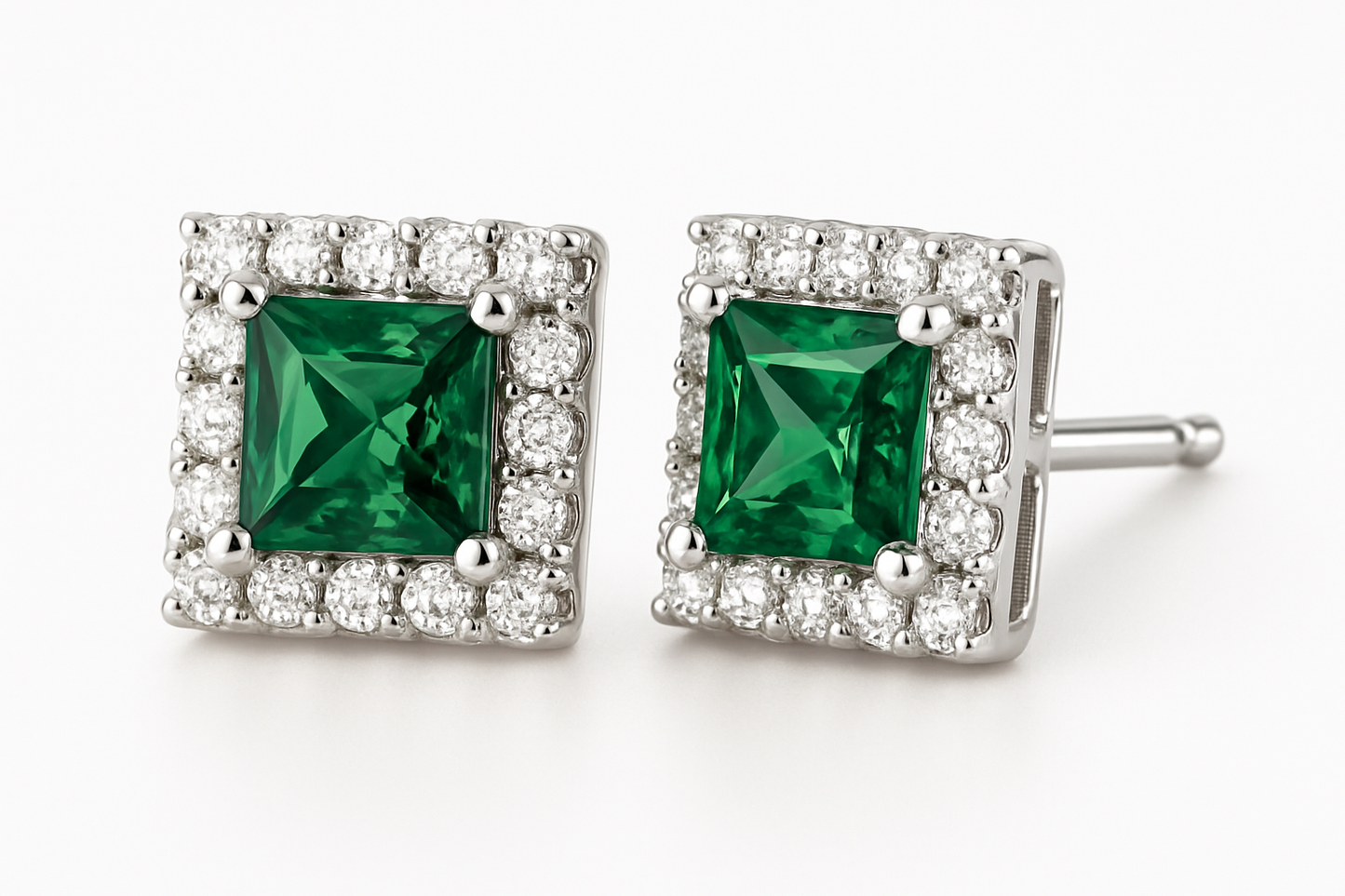 Green Sapphire princess cut Stud earrings with Diamond Halo in white gold 