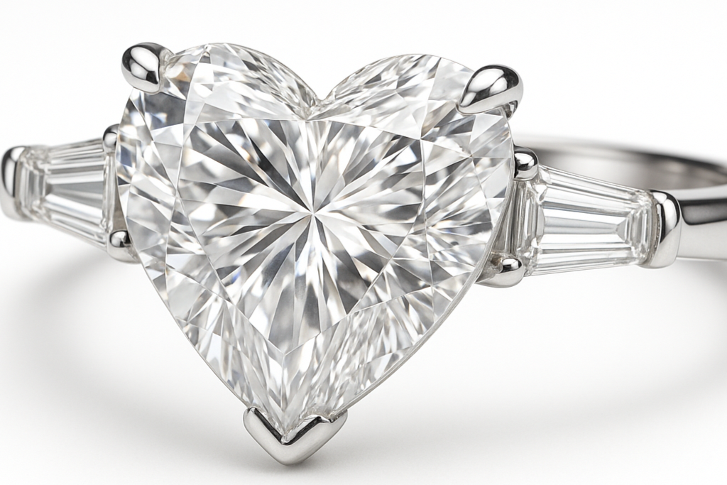 Platinum ring with 4 carat heart shape diamond and 1.00 tappered baguette sides
