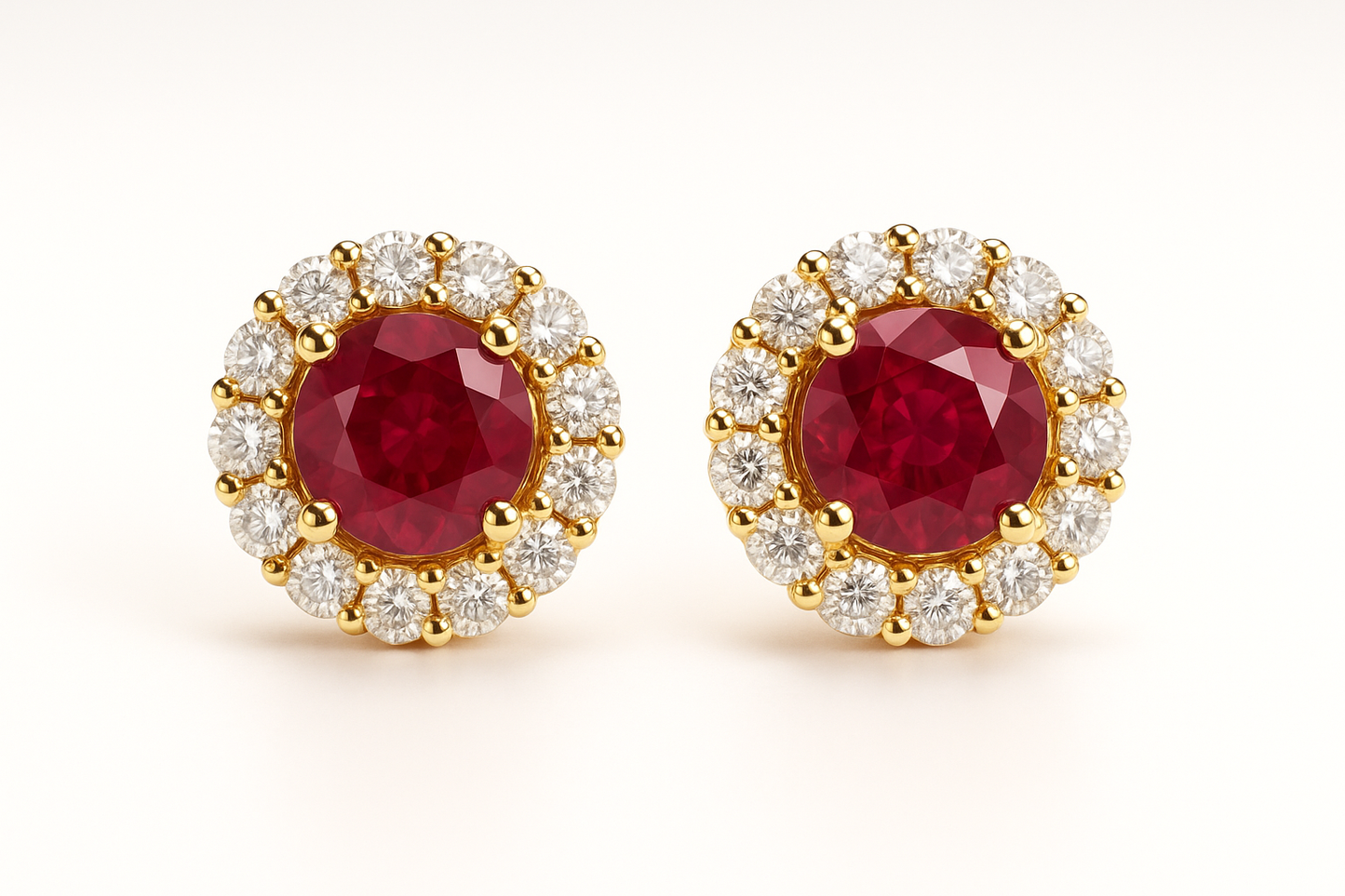 ruby stud with diamond halo stud earrings in yellow gold