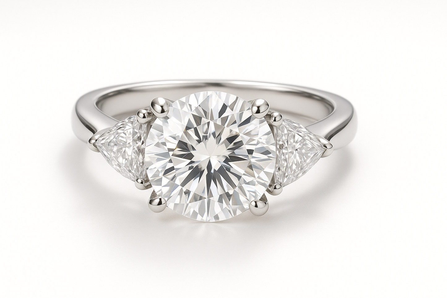 Three stone plainum ring with round center stone and trillion side stones