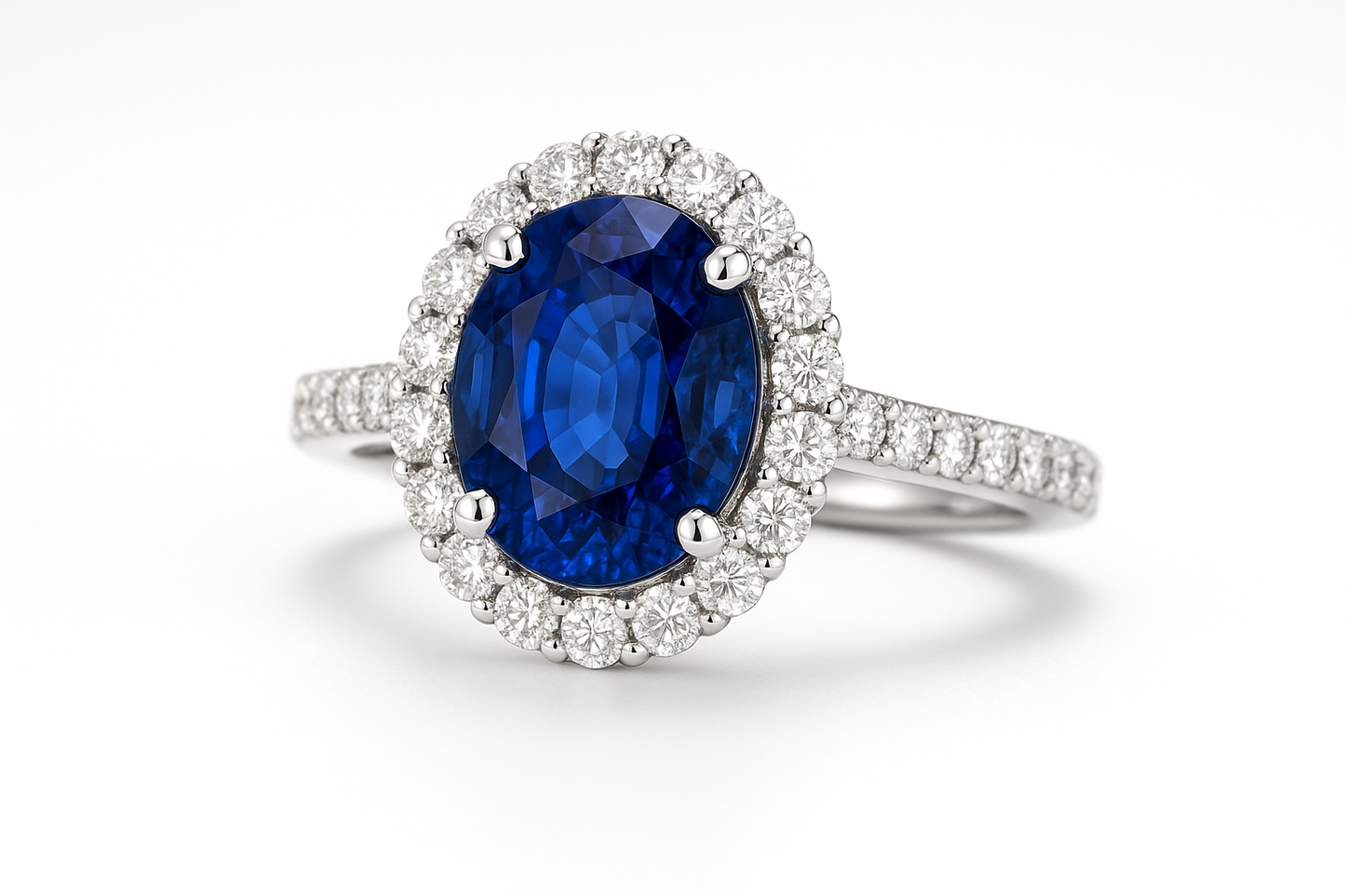 White gold sapphire oval ring with diamond halo and diamonds on the band